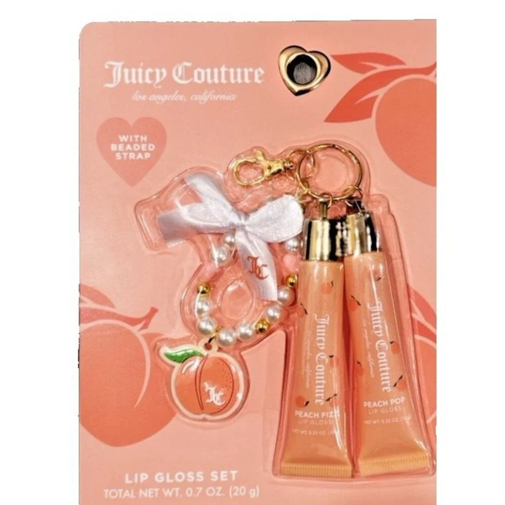 Juicy Couture Peach Liquid Lip Gloss Set Shine Effect w/ Beaded Strap Charm